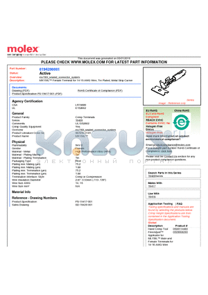 194200003 datasheet - MX150L Female Terminal for 14-16 AWG Wire, Tin Plated, Metal Strip Carrier