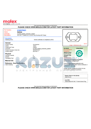 194270021 datasheet - MX150L Gasket for 6 Circuit Plug Housing with Flange