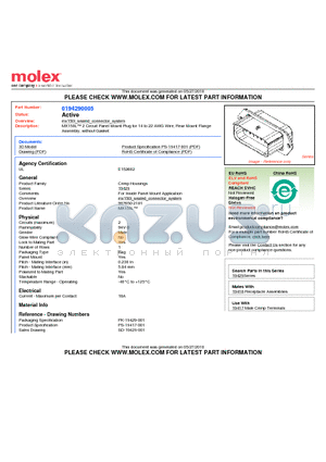 194270025 datasheet - MX150L 2 Circuit Panel Mount Plug for 14 to 22 AWG Wire, Rear Mount FlangeAssembly, without Gasket