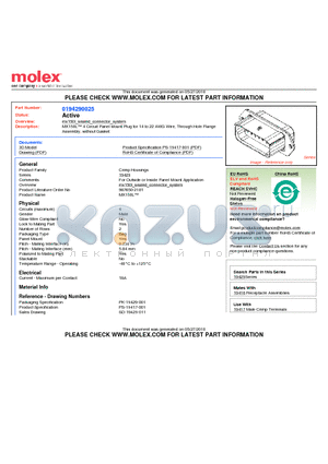 194290025 datasheet - MX150L 4 Circuit Panel Mount Plug for 14 to 22 AWG Wire, Through Hole FlangeAssembly, without Gasket