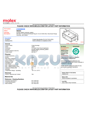 194290039 datasheet - MX150L 12 Circuit Panel Mount Plug for 14 to 22 AWG Wire, Rear Mount FlangeAssembly, with Gasket