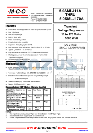 5.0SMLJ11CA datasheet - Transient Voltage Suppressor 11 to 170 Volts 5000 Watt
