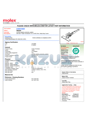 194310016 datasheet - MX150L Male Terminal for 10-12 AWG Wire, Metal Strip Carrier