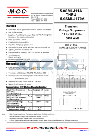 5.0SMLJ13CA datasheet - Transient Voltage Suppressor 11 to 170 Volts 5000 Watt