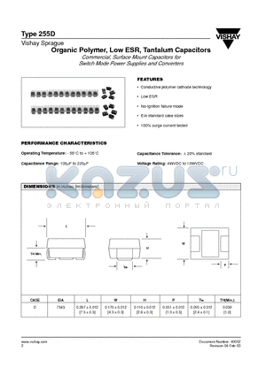 255D107X0010D2T050 datasheet - Organic Polymer, Low ESR, Tantalum Capacitors Commercial, Surface Mount Capacitors for Switch Mode Power Supplies and Converters