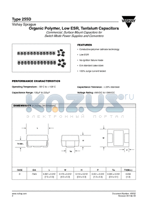 255D107X0010D2T065 datasheet - Organic Polymer, Low ESR, Tantalum Capacitors Commercial, Surface Mount Capacitors for Switch Mode Power Supplies and Converters