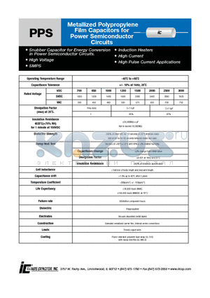 255PPS850K datasheet - Metallized Polypropylene Film Capacitors for Power Semiconductor Circuits