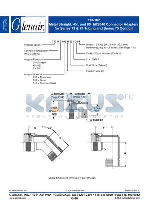 713GK102NC13106-4 datasheet - Metal Straight, 45`, and 90` M28840 Connector Adapters