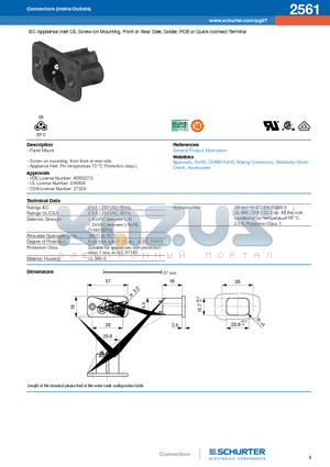 2561 datasheet - IEC Appliance Inlet C6, Screw-on Mounting, Front or Rear Side, Solder, PCB or Quick-connect Terminal