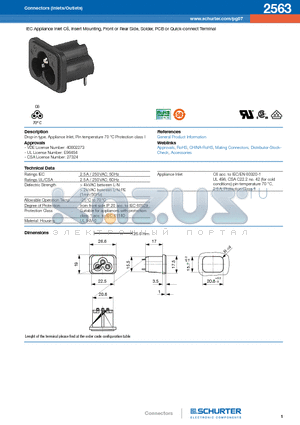 2563 datasheet - IEC Appliance Inlet C6, insert Mounting, Front or Rear Side, Solder, PCB or Quick-connect Terminal