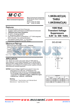 1.5KE350A-TP datasheet - 1500 Watt Transient Voltage Suppressors 6.8V to 550 Volts