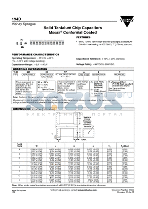 194D225X0004A8T datasheet - Solid Tantalum Chip Capacitors MIDGET Conformal Coated
