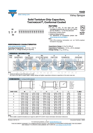 194D475X0050H2B datasheet - Solid Tantalum Chip Capacitors, TANTAMOUNT^, Conformal Coated