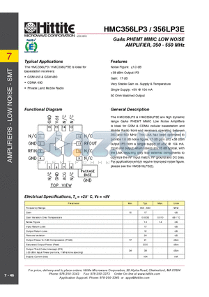356LP3E datasheet - GaAs PHEMT MMIC LOW NOISE AMPLIFIER, 350 - 550 MHz