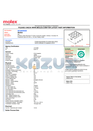 0010844030 datasheet - 6.35mm (.250) Pitch MLX Power Connector Header, Vertical, 3 Circuits, PA Polyamide Nylon 6/6 94V-2, Tin (Sn) Plating, White