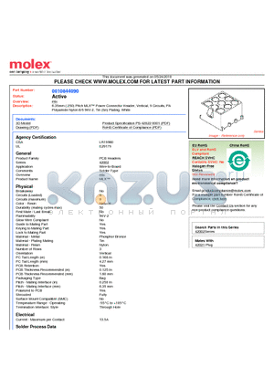 0010844090 datasheet - 6.35mm (.250) Pitch MLX Power Connector Header, Vertical, 9 Circuits, PA Polyamide Nylon 6/6 94V-2, Tin (Sn) Plating, White