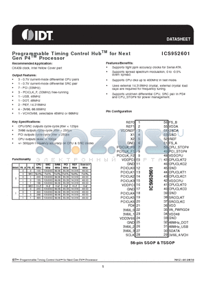 952601YFLFT datasheet - Programmable Timing Control HubTM for Next Gen P4TM Processor