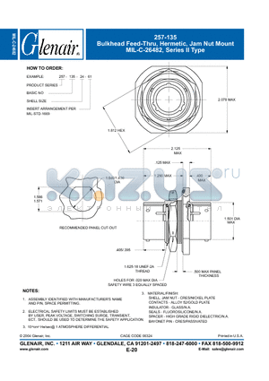 257-135-24-61 datasheet - Bulkhead Feed-Thru, Hermetic, Jam Nut Mount