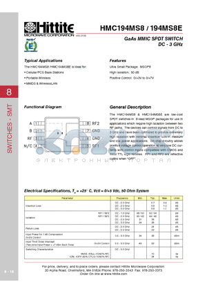 194MS8E datasheet - GaAs MMIC SPDT SWITCH DC - 3 GHz