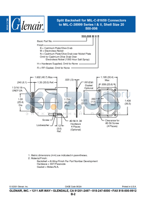 500-006NH datasheet - Split Backshell for MIL-C-81659 Connectors to MIL-C-38999 Series I & II, Shell Size 20