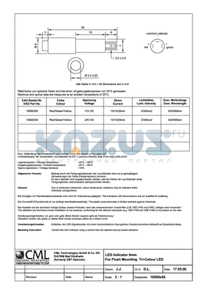 19590X54 datasheet - LED Indicator 5mm For Flush Mounting Tri-Colour LED