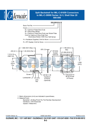 500-006BR datasheet - Split Backshell for MIL-C-81659 Connectors to MIL-C-38999 Series I & II, Shell Size 20