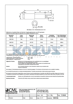 19591353 datasheet - LED Indicator 5mm for Flush Mounting