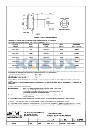 195A1251UC datasheet - LED Indicator 22mm Standard Bezel White Round Lens