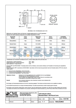 195AX250MUC datasheet - LED Indicator 22mm Standard Bezel White Round Lens