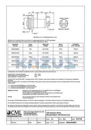 195AX350MUC datasheet - LED Indicator 22mm Standard Bezel White Round Lens