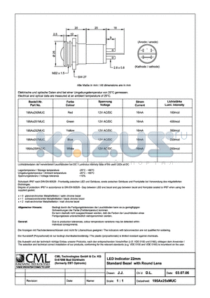 195AX25WMUC datasheet - LED Indicator 22mm Standard Bezel White Round Lens