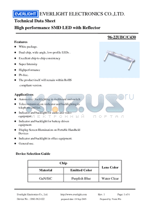 96-22UBC datasheet - High performance SMD LED with Reflector