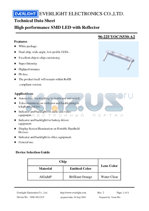 96-22UYOC datasheet - High performance SMD LED with Reflector