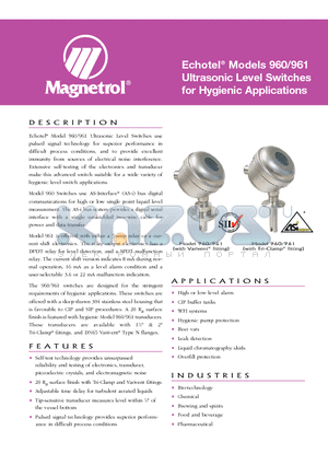 960-20A0-010 datasheet - Echotel^ Models 960/961 Ultrasonic Level Switches for Hygienic Applications