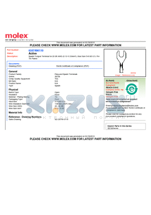 35749-0110 datasheet - Spade Tongue Terminal for 22-26 AWG (0.13~0.33mmb), Stud Size 5-6 M3-3.5, Pre Tin Plated