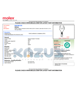 357491310 datasheet - Spade Tongue Terminal for 26-30 AWG (0.05~0.13mmb), Stud Size 5-6 M3-3.5, Pre Tin-Lead Plated