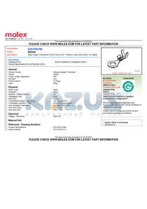 35750-0700 datasheet - Ring Tongue Terminal for 16-20 AWG (0.53~1.38mmb), Stud Size 8 (M4), Un-Plated