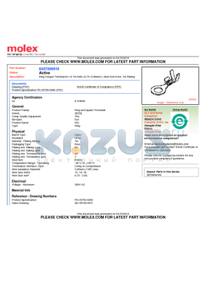 35750-0910 datasheet - Ring Tongue Terminal for 14-18 AWG (0.75~2.08mmb), Stud Size 8 M4, Tin Plating