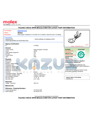 35750-1210 datasheet - Ring Tongue Terminal for 14-18 AWG (0.75~2.08mmb), Stud Size 8 M4, Tin Plating