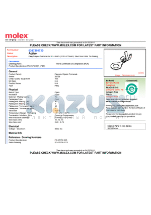 35750-1710 datasheet - Ring Tongue Terminal for 9-14 AWG (2.20~6.70mmb), Stud Size 8 M4, Tin Plating