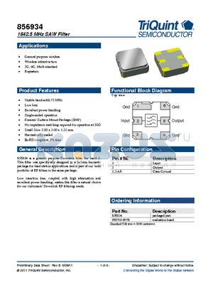 960700-EVB datasheet - 1842.5 MHz SAW Filter