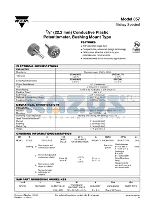 357B010KXBO500S22E4 datasheet - 7/8 (22.2 mm) Conductive Plastic Potentiometer, Bushing Mount Type