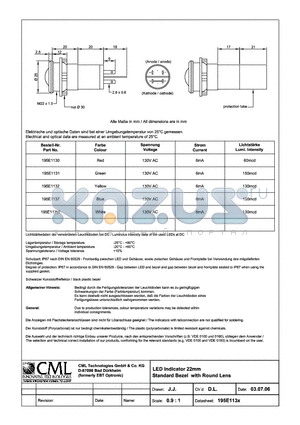 195E1130 datasheet - LED Indicator 22mm Standard Bezel White Round Lens