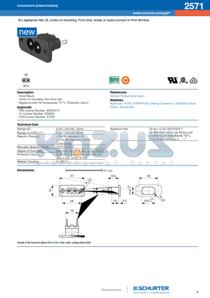 2571 datasheet - IEC Appliance Inlet C8, Screw-on Mounting, Front Side, Solder or Quick-connect or Print Terminal