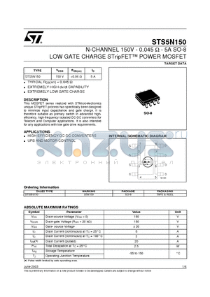 9639 datasheet - N-CHANNEL 150V - 0.045 OHM - 5A SO-8 LOW GATE CHARGE STripFET POWER MOSFET