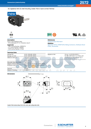 2572-H-ABC0-D-EGF datasheet - IEC Appliance Inlet C8, insert Mounting, Solder, PCB or Quick-connect Terminal