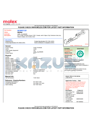 71851-0024 datasheet - SL Crimp Terminal, Series 71851, Female, with 0.38lm (15l) Selective Gold (Au) Plated Contact, 22-24 AWG, Reel