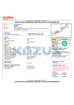 71851-0206 datasheet - SL Crimp Terminal, Series 71851, Female, with 0.38lm (15l) Selective Gold (Au) Plated Contact, 24-30 AWG, Bag