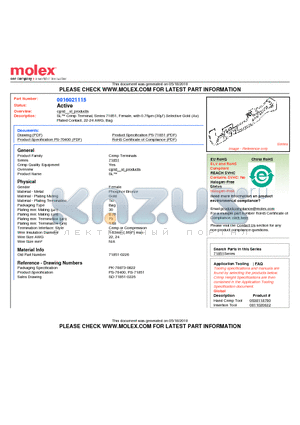 71851-0226 datasheet - SL Crimp Terminal, Series 71851, Female, with 0.76lm (30l) Selective Gold (Au) Plated Contact, 22-24 AWG, Bag