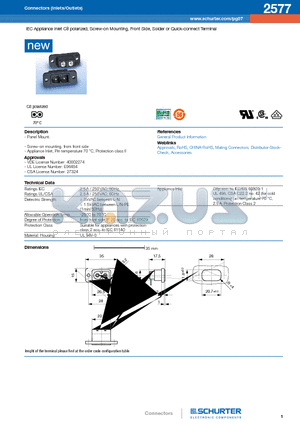 2577 datasheet - IEC Appliance Inlet C8 polarized, Screw-on Mounting, Front Side, Solder or Quick-connect Terminal